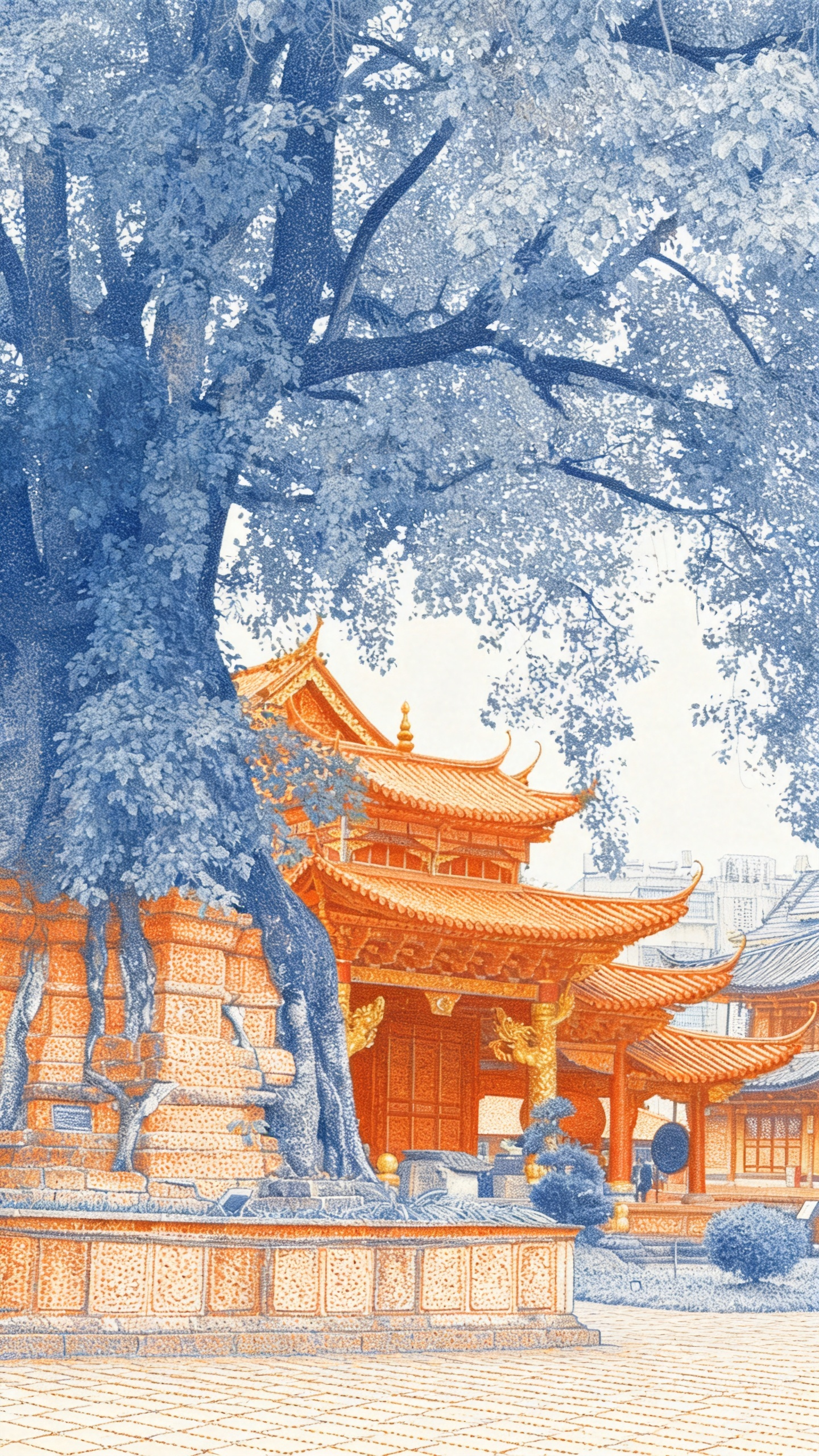 古寺檐角，树影斑驳